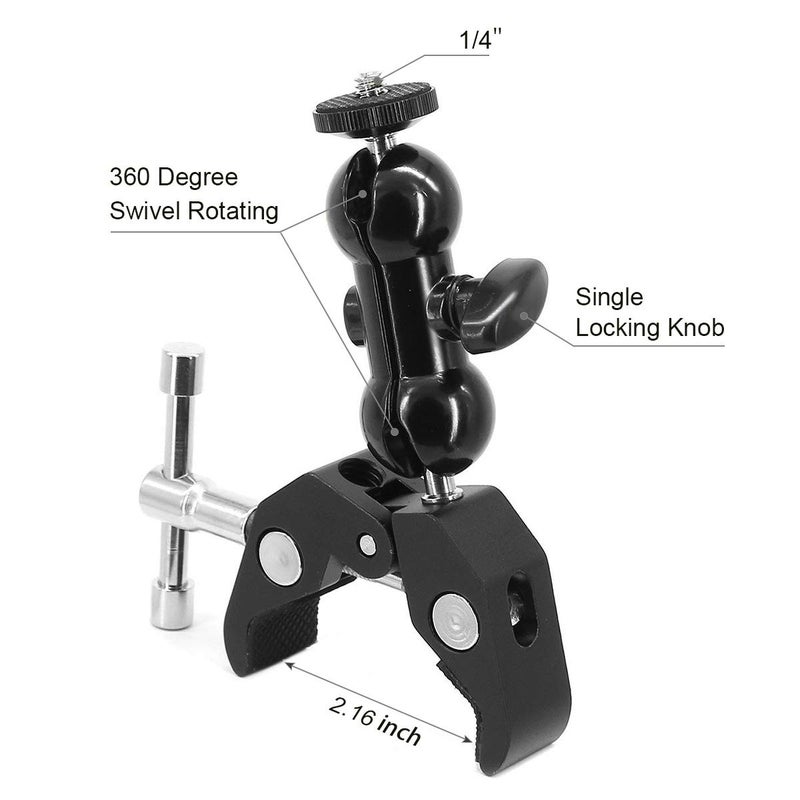 SLOW DOLPHIN Super Clamp w/1/4 and 3/8 Thread - Double Ballhead Arm Adapter - DSLR Camera/Field Monitor/LED Mount - Image 3